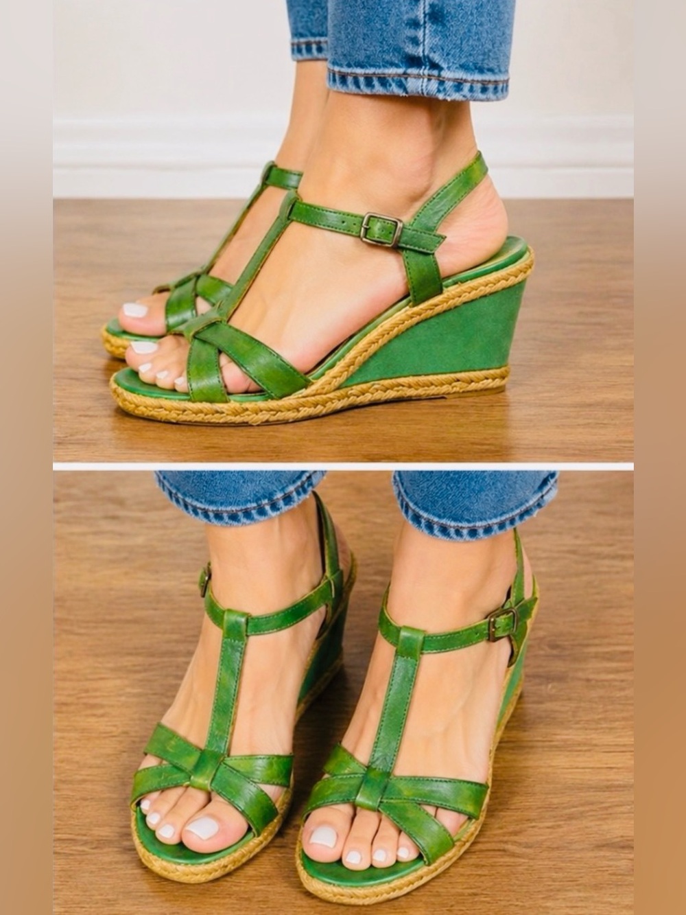 Marina Luna Vintage Green Leather T-Strap Espadrille